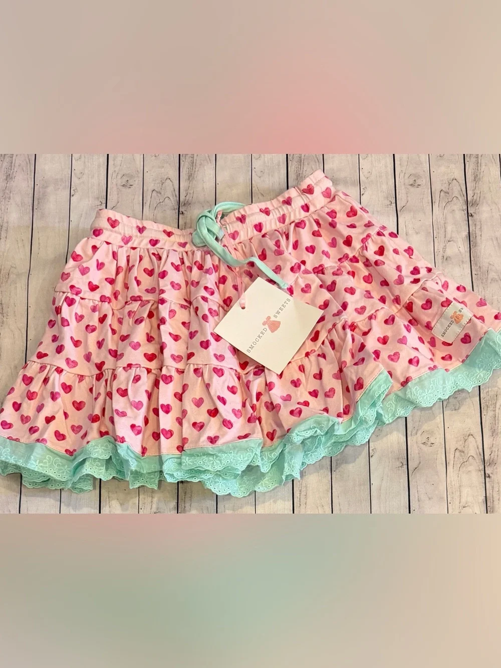 Smocked Sweets size 6 Pink Heart Tiered Skirt with Mint Lace Trim - Picture 1 of 1